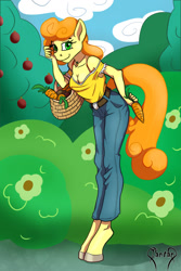 Size: 1000x1500 | Tagged: safe, artist:furryfantan, derpibooru import, carrot top, golden harvest, anthro, earth pony, unguligrade anthro, basket, blouse, breasts, carrot, cleavage, clothes, cute, cutie, cutie top, denim, food, jeans, looking at you, pants, smiling, solo