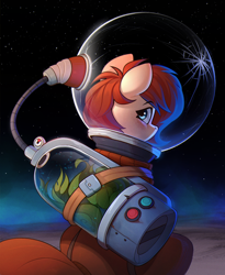 Size: 1514x1847 | Tagged: safe, artist:rexyseven, derpibooru import, oc, oc only, oc:rusty gears, earth pony, pony, air tank, female, looking back, mare, plant, sitting, solo, space, spacesuit