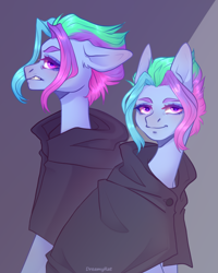 Size: 3069x3844 | Tagged: safe, artist:dreamyrat, derpibooru import, oc, oc only, earth pony, pony, angry, blue mane, cloak, clothes, ears, earth pony oc, female, floppy ears, green mane, looking at you, mare, open mouth, purple eyes, purple mane, simple background, smiling, smiling at you, solo