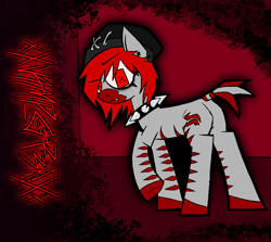 Size: 1824x1630 | Tagged: safe, artist:xxv4mp_g4z3rxx, derpibooru import, oc, oc:zoloft, zebra, beanie, behind, collar, ear piercing, eyeliner, fangs, hat, makeup, piercing, red background, red eyes, red mane, safety pin, signature, simple background, solo, spiked collar