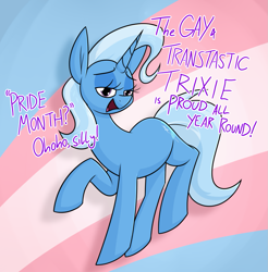 Size: 1269x1290 | Tagged: safe, artist:moonatik, derpibooru import, trixie, pony, abstract background, female, mare, missing accessory, mouthpiece, pride, pride flag, pride month, raised hoof, raised leg, solo, talking to viewer, trans trixie, transgender pride flag