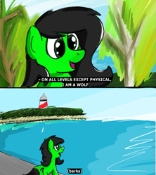 Size: 499x562 | Tagged: safe, artist:nonnyanon, ponerpics import, oc, oc only, oc:anon filly, earth pony, pony, barking, drawthread, female, filly, foal, lighthouse, meme, ocean, open mouth, ponified, ponified meme, solo, subtitles
