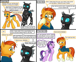 Size: 1280x1043 | Tagged: safe, artist:termyotter, derpibooru import, starlight glimmer, sunburst, thorax, changedling, changeling, pony, unicorn, 4 panel comic, atg 2023, changedlingified, changelingified, comic, dialogue, disguise, disguised changeling, grin, handsome, newbie artist training grounds, open mouth, shapeshifting, simple background, smiling, species swap, speech bubble, thought bubble, white background