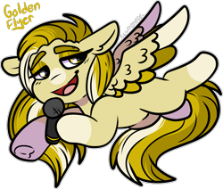 Size: 1785x1511 | Tagged: safe, artist:sexygoatgod, derpibooru import, oc, oc only, oc:golden flyer, pegasus, pony, adoptable, chibi, female, microphone, sale, simple background, solo, transparent background