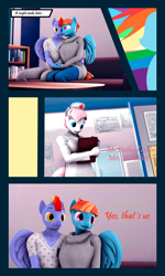 Size: 3000x5000 | Tagged: safe, artist:shadowuwu, derpibooru import, bow hothoof, nurse redheart, windy whistles, anthro, earth pony, pegasus, 3d, and that's how rainbow dash was made, clipboard, comic, commission, commissioner:nerothewizard, dialogue, doctor's office, female, husband and wife, male, married couple, shipping, straight, wholesome, windyhoof