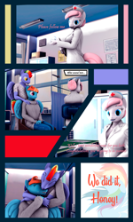 Size: 3000x5000 | Tagged: safe, artist:shadowuwu, derpibooru import, bow hothoof, nurse redheart, rainbow dash, windy whistles, anthro, earth pony, pegasus, 3d, and that's how rainbow dash was made, comic, commission, commissioner:nerothewizard, doctor's office, female, hug, hug from behind, male, pregnant, shipping, straight, wholesome, windyhoof