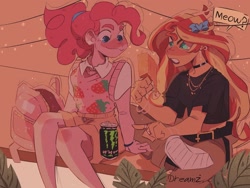 Size: 1440x1080 | Tagged: safe, artist:dreamz, derpibooru import, part of a set, pinkie pie, sunset shimmer, human, equestria girls, backpack, belt, bow, choker, clothes, drink, duo, ear piercing, energy drink, hair bow, jewelry, monster energy, necklace, pants, piercing, ponytail, short shirt, shorts, speech bubble, sweater vest