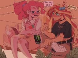 Size: 1440x1080 | Tagged: safe, artist:dreamz, derpibooru import, part of a set, pinkie pie, sunset shimmer, human, equestria girls, backpack, belt, bow, choker, clothes, drink, duo, ear piercing, energy drink, hair bow, jewelry, monster energy, necklace, pants, piercing, ponytail, short shirt, shorts, speech bubble, sweater vest