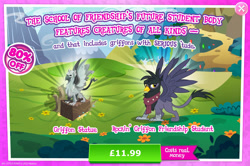 Size: 1956x1297 | Tagged: safe, derpibooru import, griffon, advertisement, background griffon, clothes, costs real money, english, female, gameloft, georgia, mobile game, my little pony: magic princess, numbers, official, sale, scarf, solo, spread wings, statue, text, wings