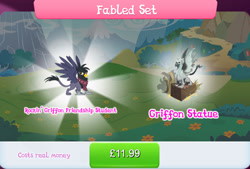 Size: 1266x856 | Tagged: safe, derpibooru import, griffon, background griffon, bundle, clothes, costs real money, english, female, gameloft, georgia, mobile game, my little pony: magic princess, numbers, official, sale, scarf, solo, spread wings, statue, text, wings