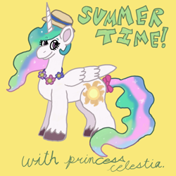 Size: 1000x1000 | Tagged: safe, artist:mintwhistle, derpibooru import, princess celestia, alicorn, pony, bow, celestia day, colored hooves, cursive writing, ethereal mane, ethereal tail, eyebrows, eyebrows visible through hair, female, folded wings, hat, jewelry, mare, medibang paint, missing accessory, necklace, simple background, smiling, solo, sparkles, sparkly mane, sparkly tail, summer, sun hat, tail, tail bow, text, unshorn fetlocks, wings, yellow background