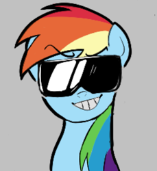 Size: 679x742 | Tagged: safe, artist:ponconcarnal, derpibooru import, rainbow dash, pegasus, pony, bust, looking at you, simple background, smiling, solo, sunglasses, teeth