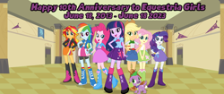 Size: 1024x431 | Tagged: safe, artist:miketheelephantbrony, derpibooru import, applejack, fluttershy, pinkie pie, rainbow dash, rarity, spike, sunset shimmer, twilight sparkle, dog, equestria girls 10th anniversary, equestria girls, humane five, humane seven, humane six, spike the dog