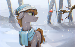 Size: 1920x1200 | Tagged: safe, artist:niehuaisang, derpibooru import, oc, oc only, earth pony, pony, clothes, leaves, scarf, snow, snowfall, solo, tree