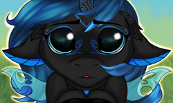 Size: 2160x1285 | Tagged: safe, artist:ondrea, derpibooru import, oc, oc:sinari, changeling, changeling queen, begging, big eyes, blue changeling, cute, eyebrows, eyebrows visible through hair, facial markings, solo