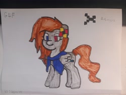 Size: 4080x3060 | Tagged: safe, artist:unyielder, derpibooru import, oc, oc only, oc:g4f, pegasus, pony, brown mane, clothes, female, flower, flower in hair, gray coat, mare, offspring, pegasus oc, solo, traditional art