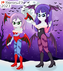 Size: 1678x1872 | Tagged: safe, artist:tabrony23, derpibooru import, rarity, sweetie belle, human, equestria girls, angry, boots, clothes, cosplay, costume, cute, darkstalkers, female, high res, lilith aensland, moon, morrigan aensland, night, sexy, shoes, smiling