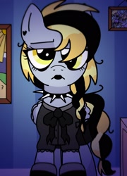 Size: 1474x2048 | Tagged: safe, artist:muffinmail2, derpibooru import, derpy hooves, pegasus, pony, alternate hairstyle, choker, female, frown, goth, hair over one eye, looking at you, solo, spiked choker, unamused