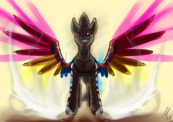 Size: 4961x3508 | Tagged: safe, artist:mekblue, derpibooru import, oc, oc only, oc:mechanical star, pegasus, pony, amputee, menacing, pansexual pride flag, pegasus oc, pride, pride flag, pride month, prosthetic limb, prosthetics, sketch, solo, spread wings, steam, wings