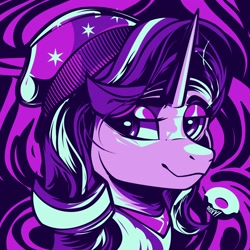 Size: 3600x3600 | Tagged: safe, artist:poxy_boxy, derpibooru import, starlight glimmer, pony, unicorn, abstract background, beanie, bust, clothes, commission, equestria girls outfit, female, hat, lidded eyes, limited palette, mare, smiling, solo