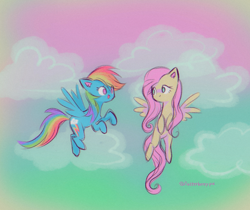 Size: 1280x1073 | Tagged: safe, artist:flutterberrypie, derpibooru import, fluttershy, rainbow dash, pegasus, pony, blushing, cloud, colored pinnae, colorful, cute, duo, excited, female, flutterdash, flying, green sky, hooves up, lesbian, looking at each other, looking at someone, mare, no pupils, open mouth, pink sky, shipping, shyabetes, sky, sky background, smiling, spread wings, wings