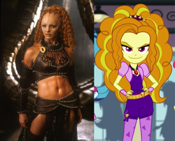 Size: 2231x1801 | Tagged: safe, derpibooru import, edit, edited screencap, screencap, adagio dazzle, sonata dusk, alien, human, equestria girls, rainbow rocks, belly button, comparison, cropped, farscape, interion, irl, irl human, jool, joolushko tunai fenta hovalis, photo, smiling, smirk