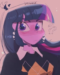 Size: 1440x1800 | Tagged: safe, artist:dreamz, derpibooru import, twilight sparkle, human, equestria girls, ear piercing, piercing, question mark, simple background, solo