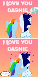 Size: 2445x4907 | Tagged: safe, artist:mlplary6, derpibooru import, fleetfoot, rainbow dash, soarin', pegasus, pony, boyfriend and girlfriend, cloud, comic, female, flying, heart, hug, love, male, mare, romantic, shipping, sky, soarindash, stallion, straight, sunset, text