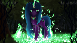 Size: 2000x1125 | Tagged: safe, artist:lumolla, derpibooru import, oc, pony, unicorn, fire, forest, glowing, glowing horn, gold, grass, green eyes, green fire, horn, horn ring, jewelry, ring, solo