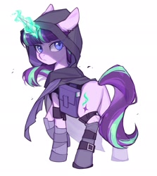 Size: 1827x2048 | Tagged: safe, artist:7hundredt, derpibooru import, starlight glimmer, pony, unicorn, bag, cloak, clothes, female, glowing, glowing horn, horn, looking at you, looking back, looking back at you, magic, magic aura, mare, saddle bag, simple background, solo, white background