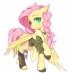 Size: 1904x2036 | Tagged: safe, artist:7hundredt, derpibooru import, fluttershy, pegasus, pony, alternate hairstyle, braid, clothes, female, mare, simple background, solo, white background