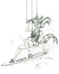 Size: 1100x1371 | Tagged: safe, artist:baron engel, derpibooru import, starlight glimmer, anthro, unguligrade anthro, unicorn, clothes, female, kite, kiteboarding, mare, monochrome, one-piece swimsuit, surfboard, swimsuit, that pony sure does love kites