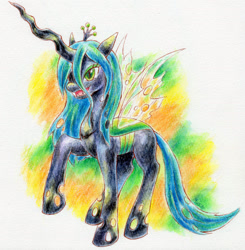 Size: 2050x2096 | Tagged: safe, artist:yuzumiso, derpibooru import, queen chrysalis, changeling, changeling queen, fangs, female, high res, open mouth, raised hoof, raised leg, solo, traditional art, watercolor painting