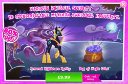 Size: 1965x1300 | Tagged: safe, derpibooru import, idw, nightmare rarity, pony, unicorn, advertisement, armor, costs real money, english, female, gameloft, helmet, horn, idw showified, magic coins, mare, mobile game, my little pony: magic princess, numbers, official, sale, solo, text