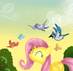 Size: 800x772 | Tagged: safe, artist:ricky125, derpibooru import, fluttershy, bird, blue jay, butterfly, pegasus, pony, ^^, eyes closed, female, mare, smiling, solo, standing