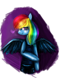 Size: 538x688 | Tagged: safe, artist:ricky125, derpibooru import, rainbow dash, pegasus, semi-anthro, clothes, female, mare, pants, shy, solo, spread wings, tanktop, wings