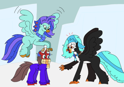 Size: 3020x2108 | Tagged: safe, artist:supahdonarudo, derpibooru import, oc, oc only, oc:icebeak, oc:ironyoshi, oc:sea lilly, classical hippogriff, hippogriff, unicorn, atg 2023, beanie, clothes, coat, earmuffs, hat, ice, jewelry, necklace, newbie artist training grounds, scarf, snow