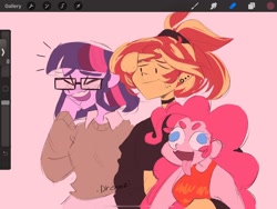 Size: 1440x1080 | Tagged: safe, artist:dreamz, derpibooru import, pinkie pie, sci-twi, sunset shimmer, twilight sparkle, human, equestria girls, black nail polish, choker, ear piercing, glasses, ipad, laughing, piercing, question mark, trio