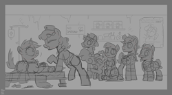 Size: 3600x2000 | Tagged: safe, artist:php104, derpibooru import, oc, oc only, oc:calamity, oc:candi, oc:littlepip, oc:railright, earth pony, pegasus, pony, unicorn, fallout equestria, bed, hat, ministry of peace, monochrome, nurse, pillow, sketch