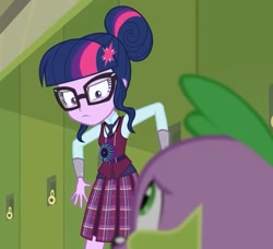 Size: 1251x1143 | Tagged: safe, derpibooru import, screencap, sci-twi, spike, spike the regular dog, twilight sparkle, dog, human, equestria girls, friendship games, canterlot high, clothes, crystal prep academy uniform, female, glasses, hair bun, hallway, lockers, magic capture device, necktie, school, school uniform, schoolgirl, unsure