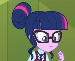 Size: 1454x1172 | Tagged: safe, derpibooru import, screencap, sci-twi, twilight sparkle, human, equestria girls, friendship games, clothes, crystal prep academy uniform, female, glasses, hair bun, hallway, lockers, magic capture device, necktie, school, school uniform, schoolgirl, solo