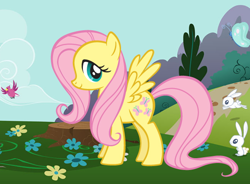 Size: 570x420 | Tagged: safe, derpibooru import, fluttershy, bird, pegasus, pony, rabbit, animal, female, flower, hubworld, mare, official, solo, spread wings, stock vector, tree stump, wings