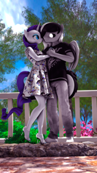 Size: 2160x3840 | Tagged: safe, artist:shadowuwu, derpibooru import, rarity, oc, oc:sound shock, alien, alien pony, anthro, pegasus, plantigrade anthro, unicorn, 3d, black sclera, blue sky, bush, canon x oc, clothes, cloud, commission, denim, dress, female, fence, high heels, holding hands, horn, jeans, looking at each other, looking at someone, male, mare, pants, rarishock, road, shirt, shoes, sneakers, source filmmaker, stallion, straight, sundress, t-shirt, tree, wings, ych result