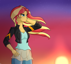 Size: 2000x1800 | Tagged: safe, artist:novaspark, derpibooru import, sunset shimmer, human, equestria girls 10th anniversary, equestria girls, beautiful, breasts, clothes, female, hand on face, hand on hip, jacket, leather, leather jacket, reasonably sized breasts, solo, sunset, windswept hair