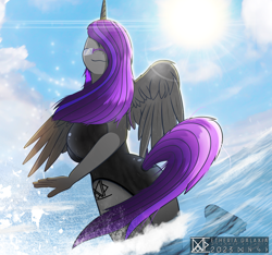 Size: 4618x4320 | Tagged: safe, artist:etheria galaxia, derpibooru import, oc, oc only, oc:etheria galaxia, alicorn, anthro, absurd resolution, alicorn oc, black swimsuit, clothes, curved horn, detailed background, feet, female, horn, legs in the water, leotard, ocean, one-piece swimsuit, partially submerged, sky, solo, spread wings, sun, swimsuit, tail, water, watermark, wet, wet mane, wings