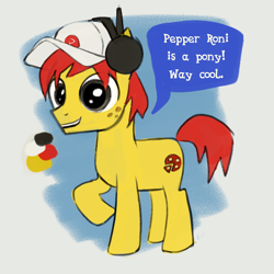 Size: 1024x1024 | Tagged: safe, artist:catachromatic, derpibooru import, earth pony, pony, baseball cap, black outlines, cap, celestia redux, colt, foal, freckles, hat, headphones, lego, lego island, male, open mouth, pepper roni, ponified, rule 85, simple background, smiling, solo, species swap, speech bubble, text