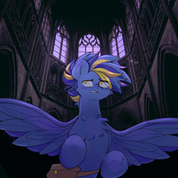 Size: 3000x3000 | Tagged: safe, artist:madiwann, derpibooru import, oc, oc only, oc:shining trophy, pegasus, pony, castle, cathedral, gothic, looking up, male, scared, stallion