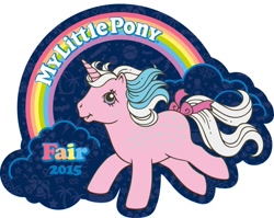 Size: 1367x1086 | Tagged: safe, derpibooru import, milky way, pony, unicorn, g1, 2015, 2015 my little pony fair, bow, cloud, female, horn, logo, mare, my little pony fair, my little pony logo, rainbow, solo, tail, tail bow