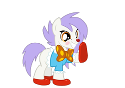 Size: 2970x2100 | Tagged: safe, artist:candy meow, derpibooru import, oc, oc only, oc:mockery, earth pony, pony, amber eyes, blushing, bowtie, clothes, clown, clown nose, colt, digital art, earth pony oc, eyeliner, foal, grin, high res, makeup, male, mane, purple hair, purple mane, purple tail, raised hoof, raised leg, red nose, shirt, shoes, simple background, smiling, solo, standing, tail, transparent background, white body, white fur