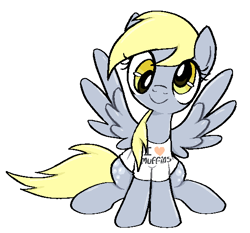 Size: 560x523 | Tagged: safe, artist:muffinz, derpibooru import, derpy hooves, pegasus, pony, clothes, cute, female, mare, muffin, shirt, simple background, sitting, smiling, solo, t-shirt, that pony sure does love muffins, white background